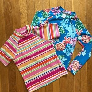 Land’s End 7 - 8 Slim Girls Short Sleeved Striped Rash Guard Swim Top Tee